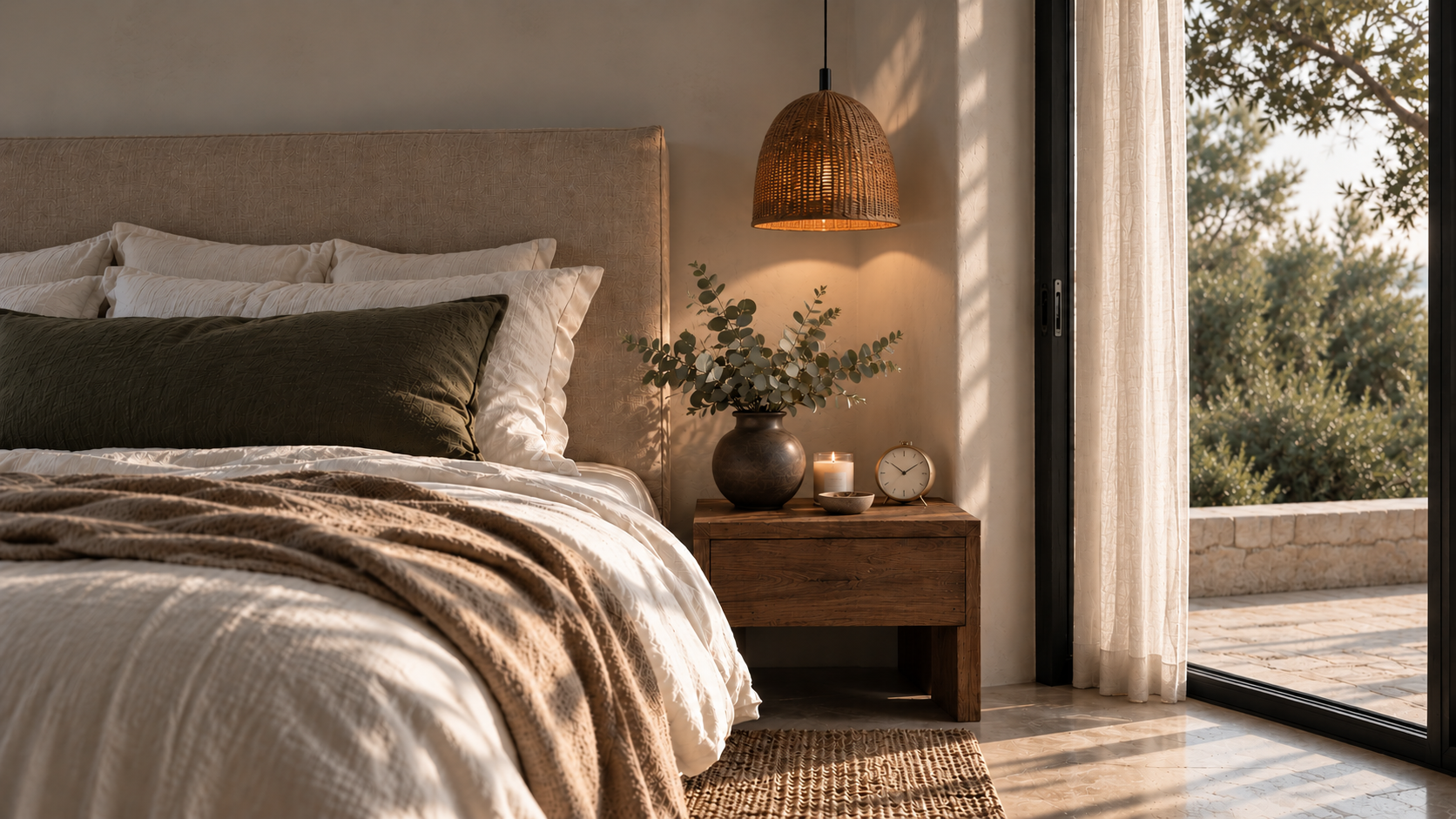 Schlafzimmer im warmen Abendlicht mit Leinenbettwäsche, Rattanleuchte und Holz-Nachttisch