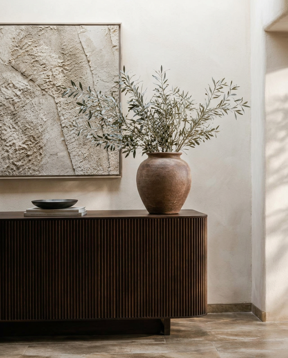 Dunkles geriffeltes Sideboard mit Tonvase und Olivenzweigen im Seitenlicht