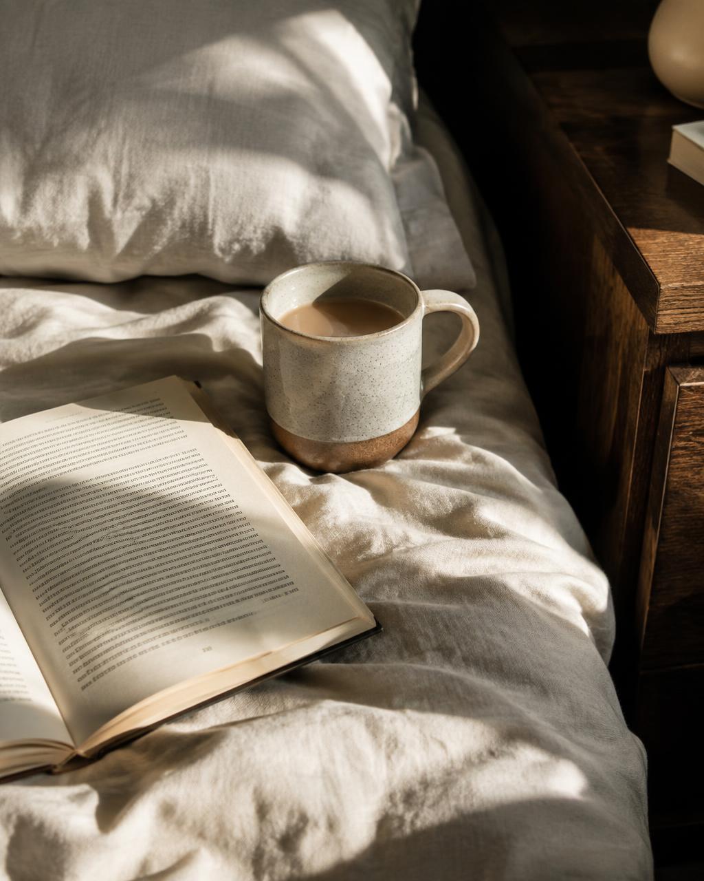 Keramiktasse und offenes Buch auf Leinenbettwäsche im Morgenlicht