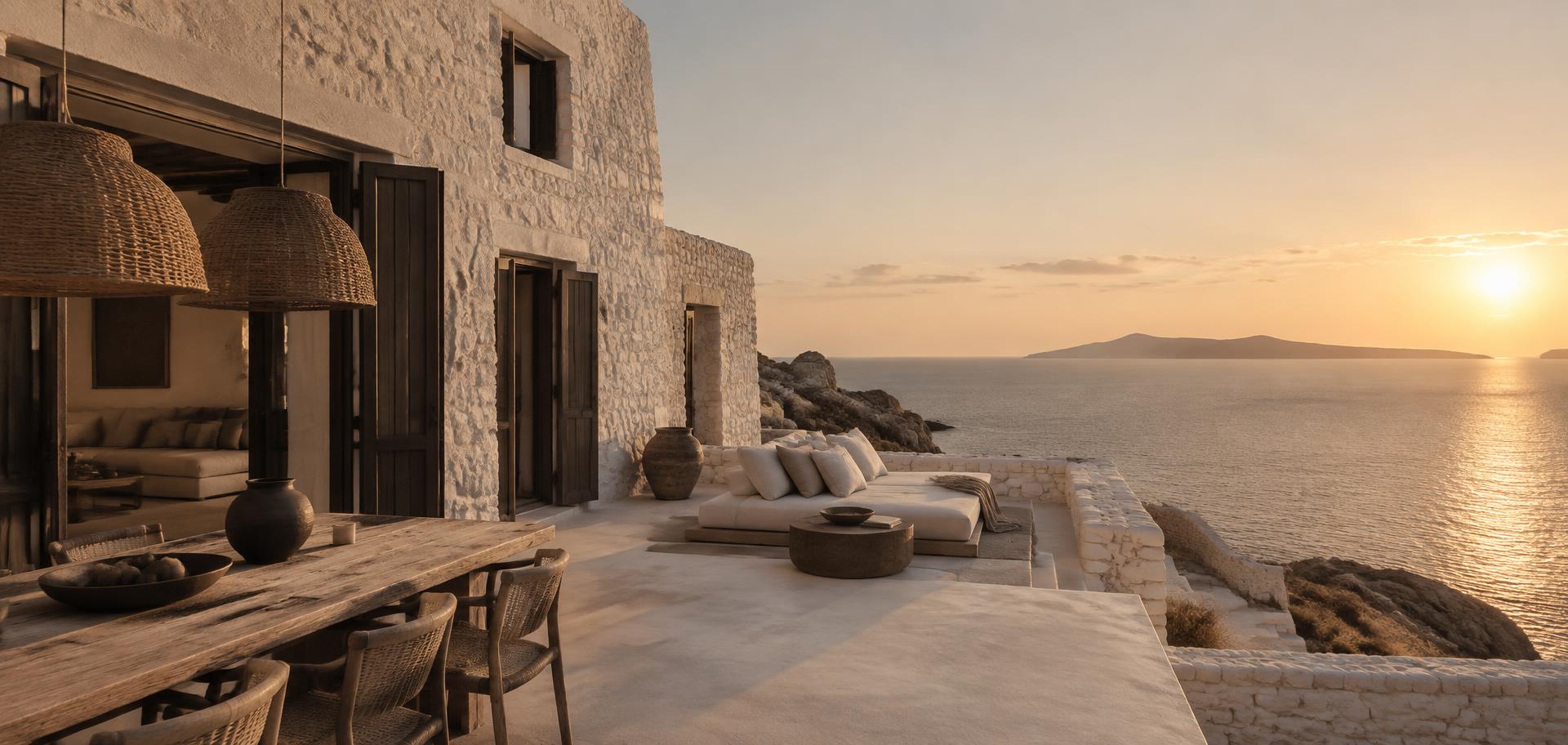 Steinhaus mit Terrasse über dem Meer im Abendlicht